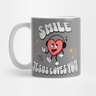 Smile Jesus Loves You - Groovy Heart design: White text color with a cheerful heart smiley face Mug